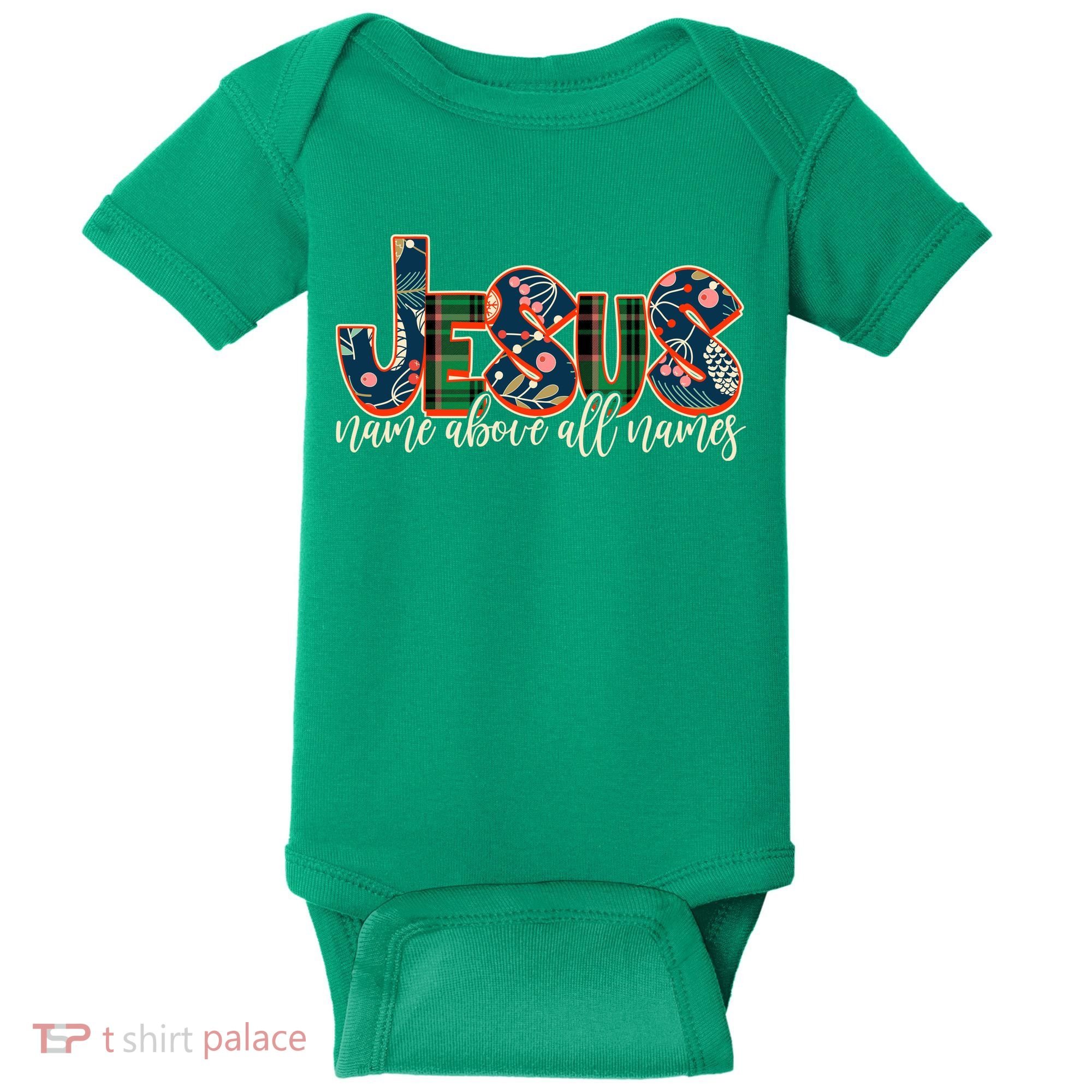 Festive Patten Jesus Name Above All Names Baby Bodysuit