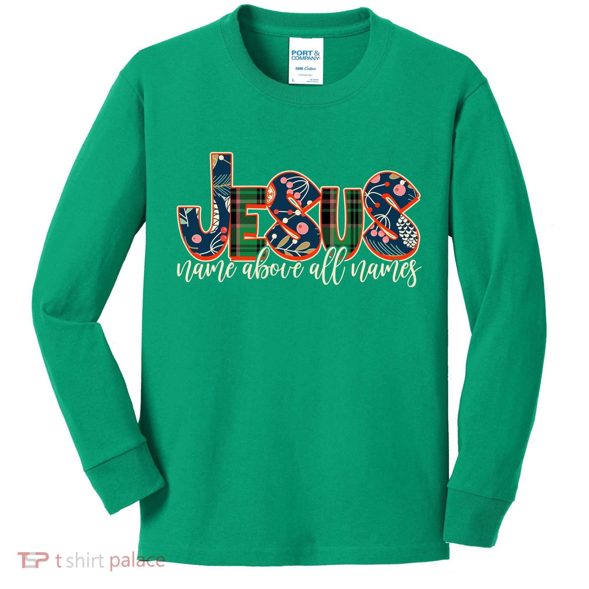Festive Patten Jesus Name Above All Names Kids Long Sleeve Shirt