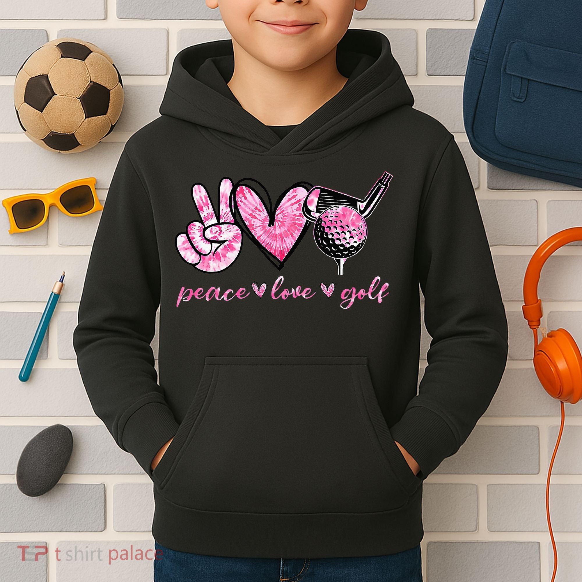 Funny Peace Love Golf Player Sport Lovers Kids Hoodie