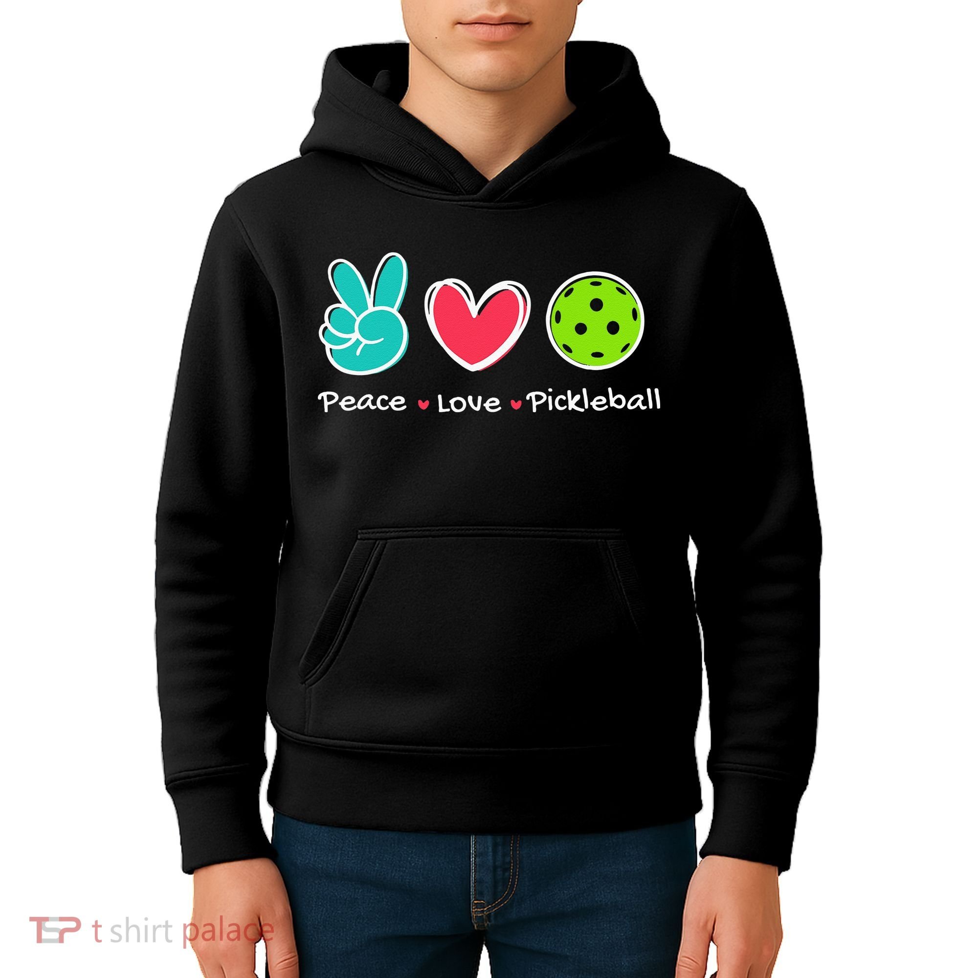 Funny Peace Love Pickleball Court Play Loves Pickleball Kids Hoodie