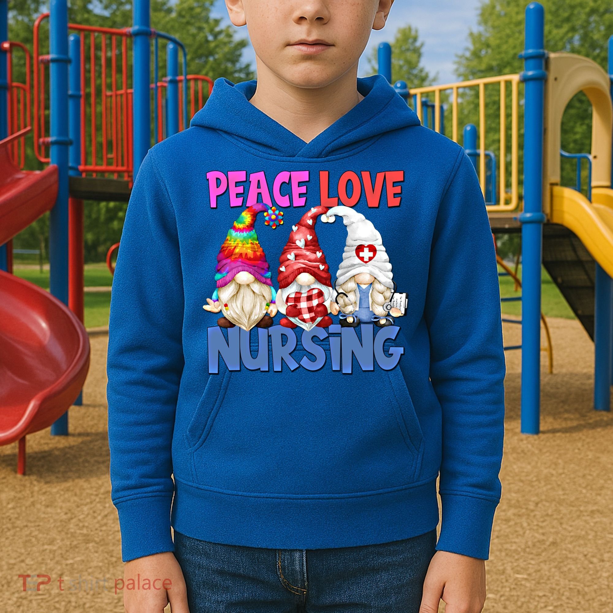 Funny Peace Love Nursing Gnome And Certified Nurse Gift Kids Hoodie