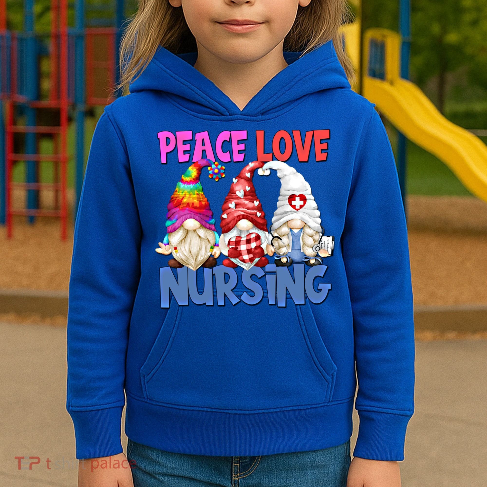 Funny Peace Love Nursing Gnome And Certified Nurse Gift Kids Hoodie