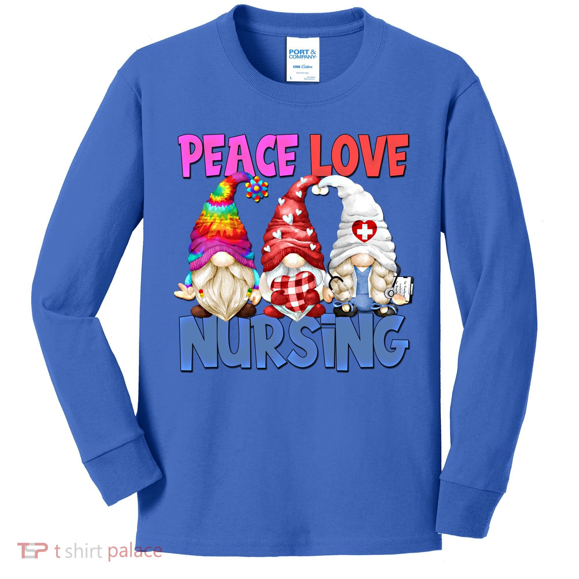Funny Peace Love Nursing Gnome And Certified Nurse Gift Kids Long Sleeve Shirt