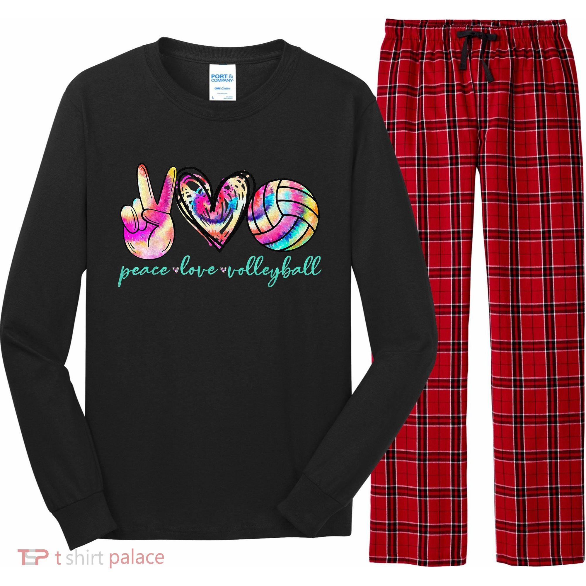 funny Peace Love Volleyball Player Tie Dye Style Long Sleeve Pajama Set