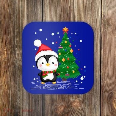 Funny Penguin Lover Gift Santa Hat Penguin Christmas Gift Coaster