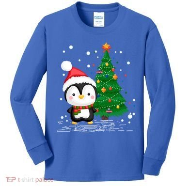 Funny Penguin Lover Gift Santa Hat Penguin Christmas Gift Kids Long Sleeve Shirt