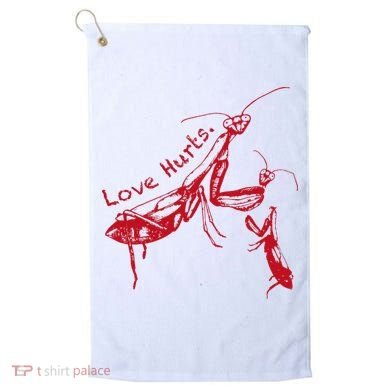 Funny Praying Mantis Retro Love Hurts Graphic Golf Towel