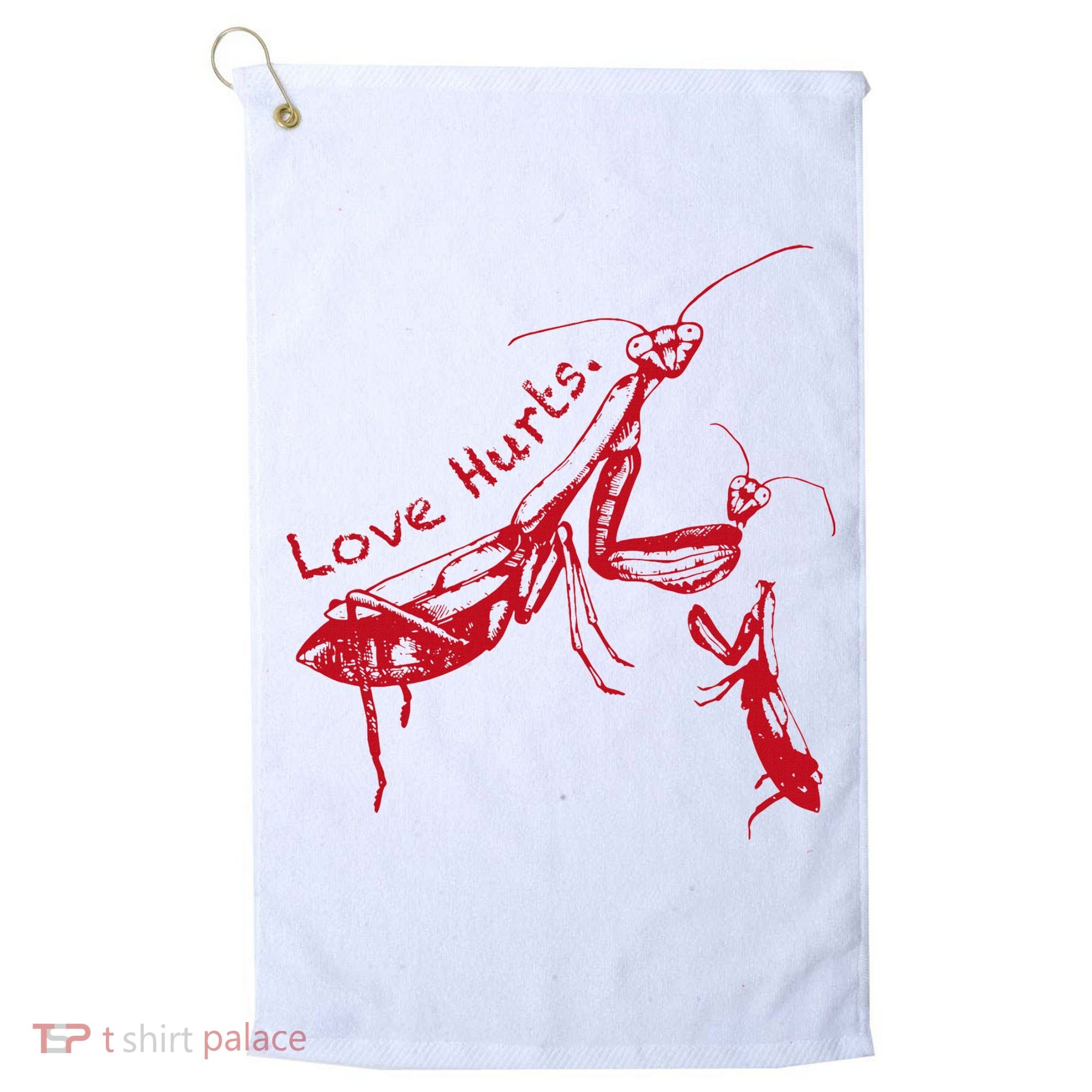 Funny Praying Mantis Retro Love Hurts Graphic Golf Towel