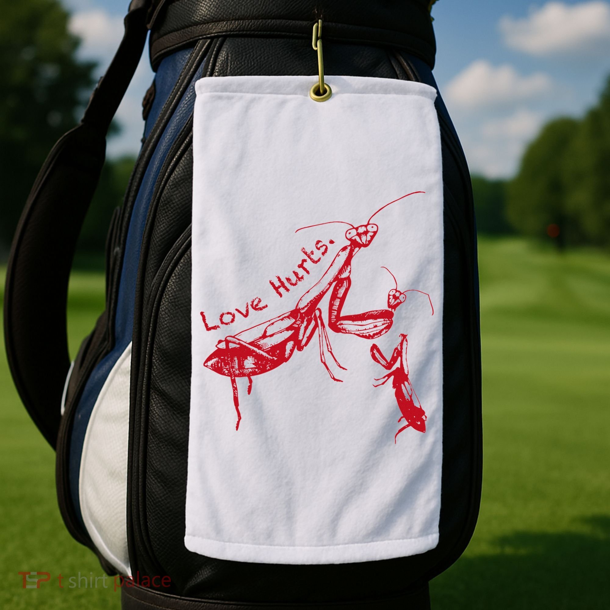 Funny Praying Mantis Retro Love Hurts Graphic Golf Towel