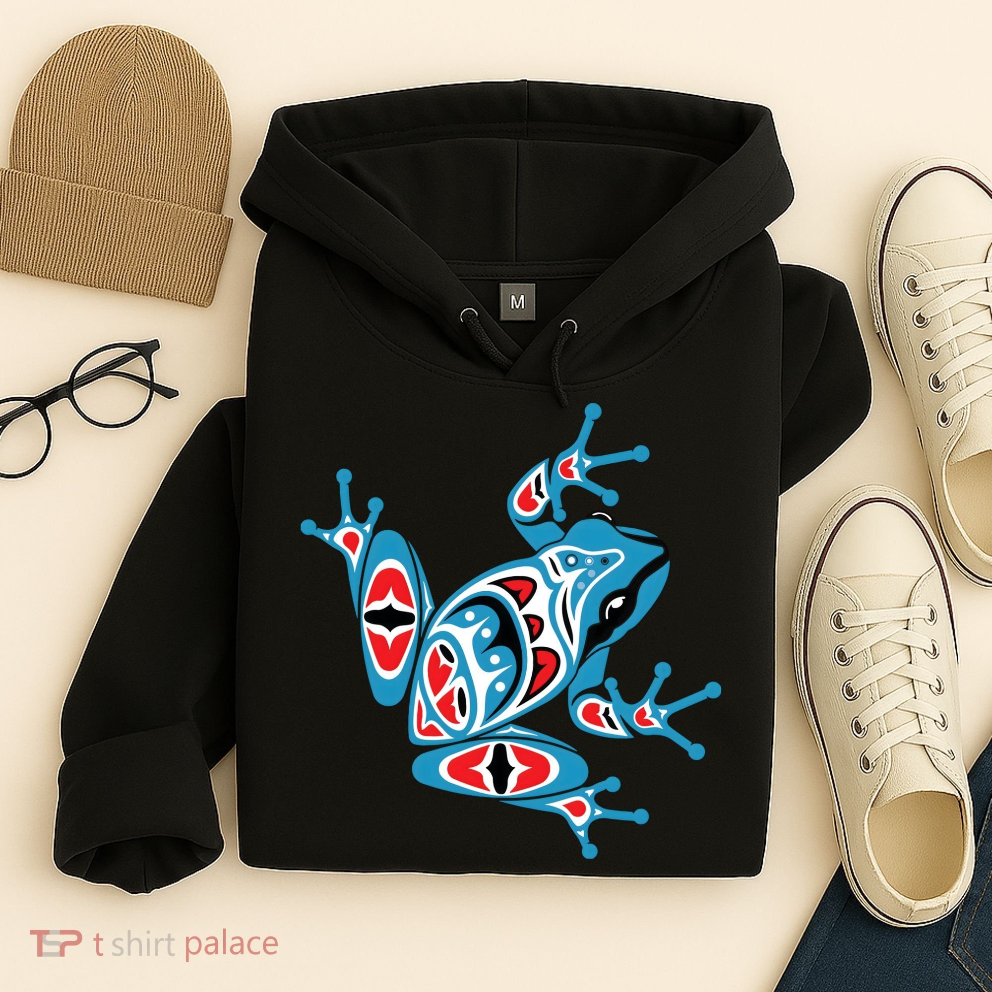 Frog Pacific Northwest Native American Indian Style Blue Red Hoodie