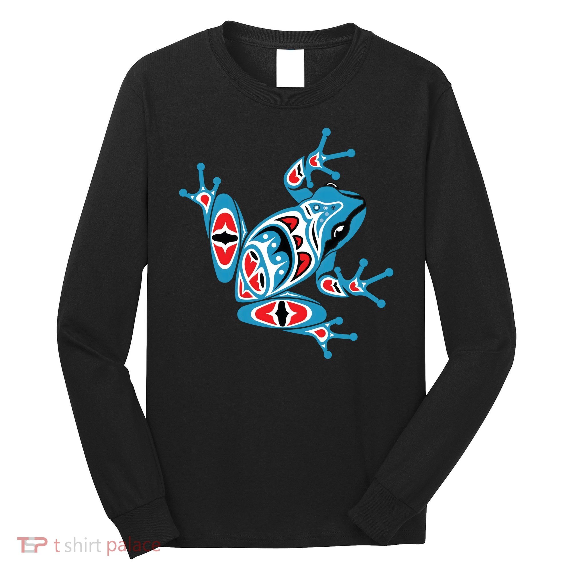 Frog Pacific Northwest Native American Indian Style Blue Red Long Sleeve Shirt
