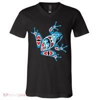 Frog Pacific Northwest Native American Indian Style Blue Red V-Neck T-Shirt thumb 0