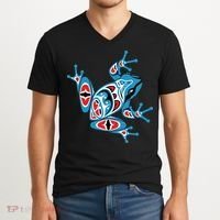 Frog Pacific Northwest Native American Indian Style Blue Red V-Neck T-Shirt thumb 2