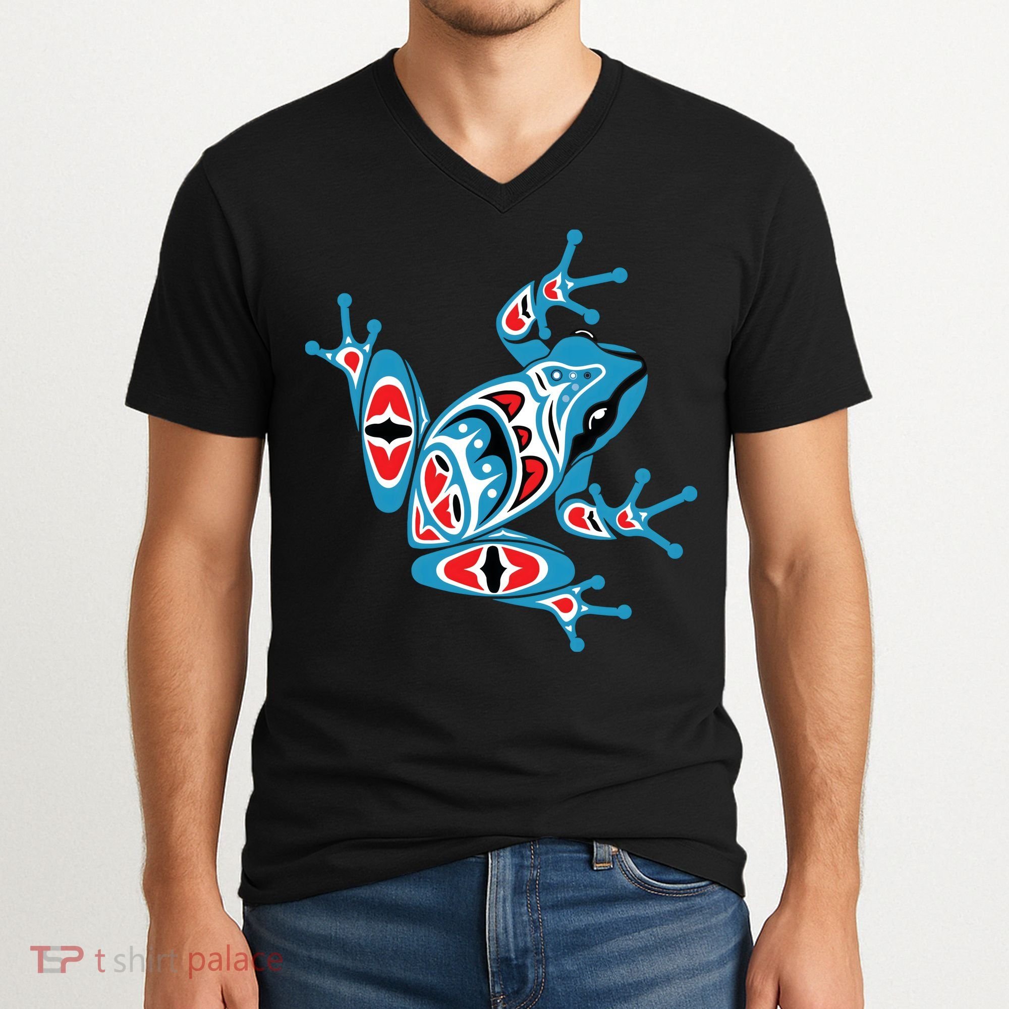 Frog Pacific Northwest Native American Indian Style Blue Red V-Neck T-Shirt