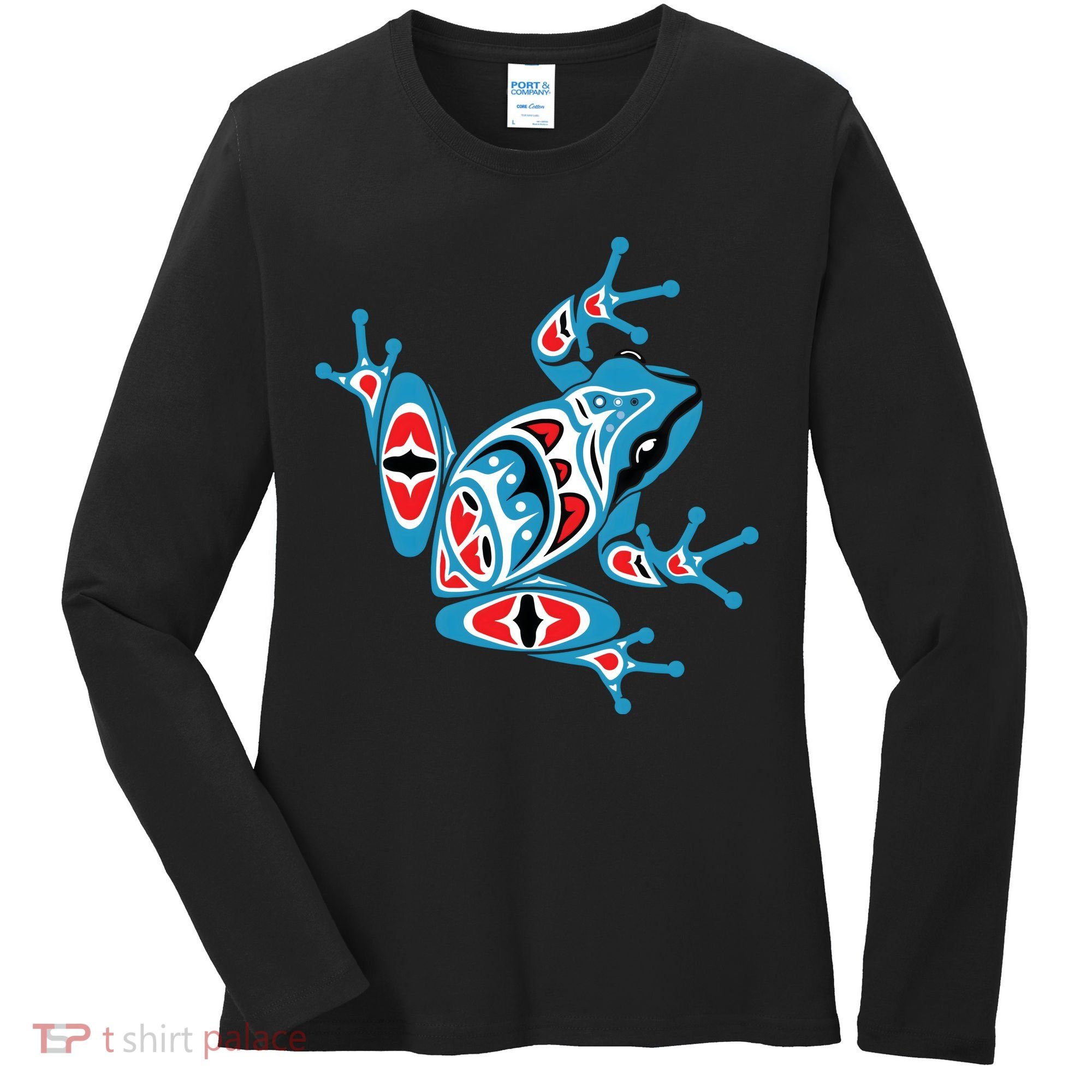 Frog Pacific Northwest Native American Indian Style Blue Red Women's Long Sleeve Shirt
