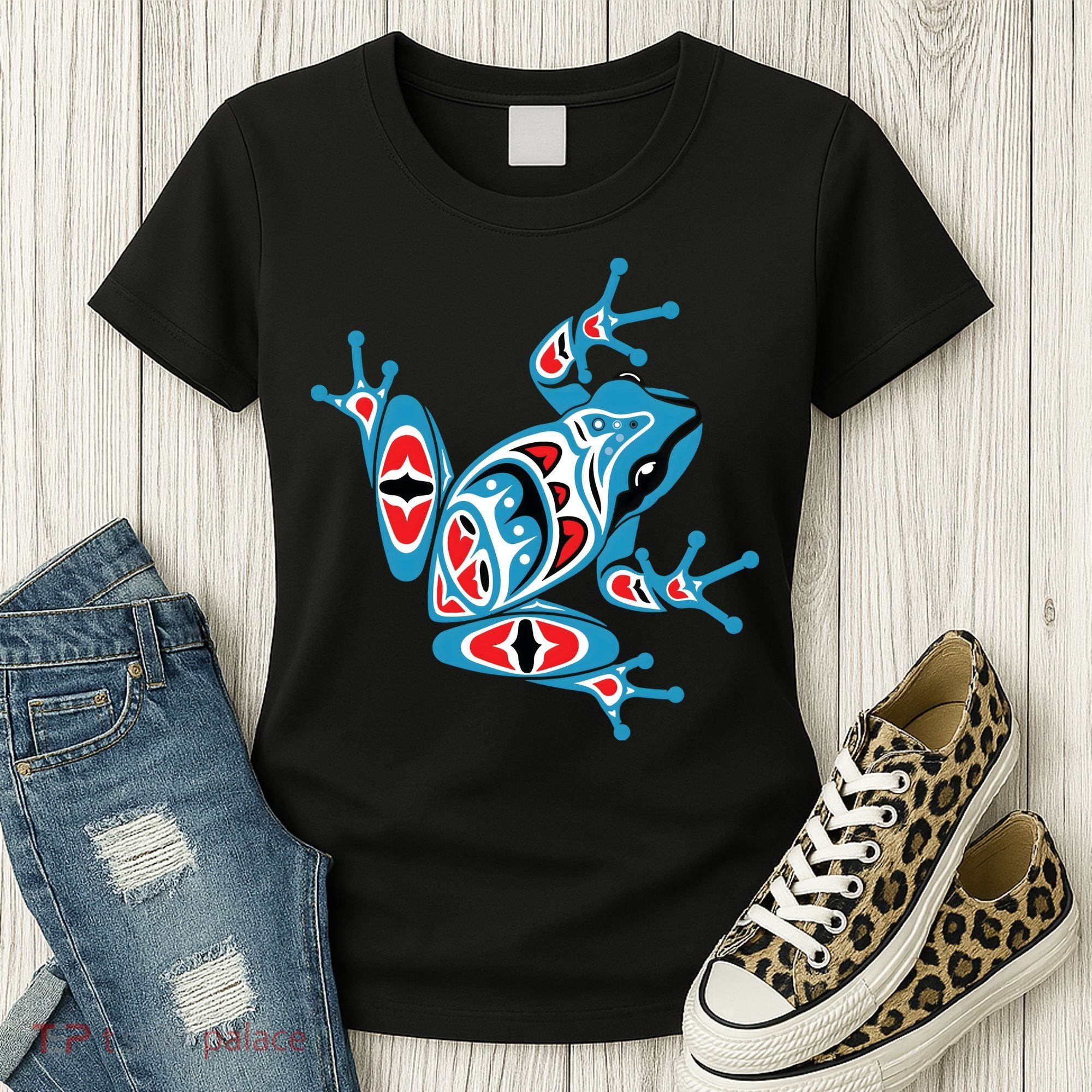 Frog Pacific Northwest Native American Indian Style Blue Red Women's T-Shirt