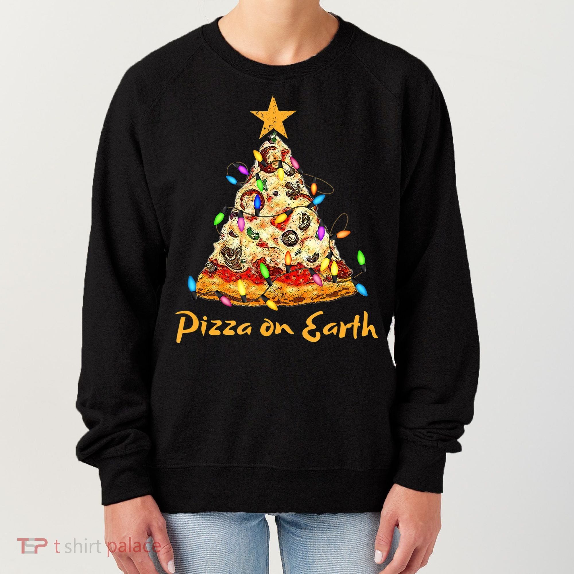 Funny Pizza On Earth Slice Christmas Tree With Lights Gift Women's Sweatshirt