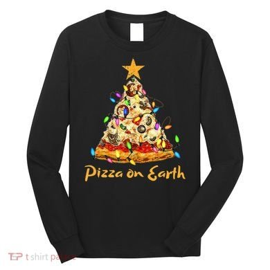 Funny Pizza On Earth Slice Christmas Tree With Lights Gift Long Sleeve Shirt