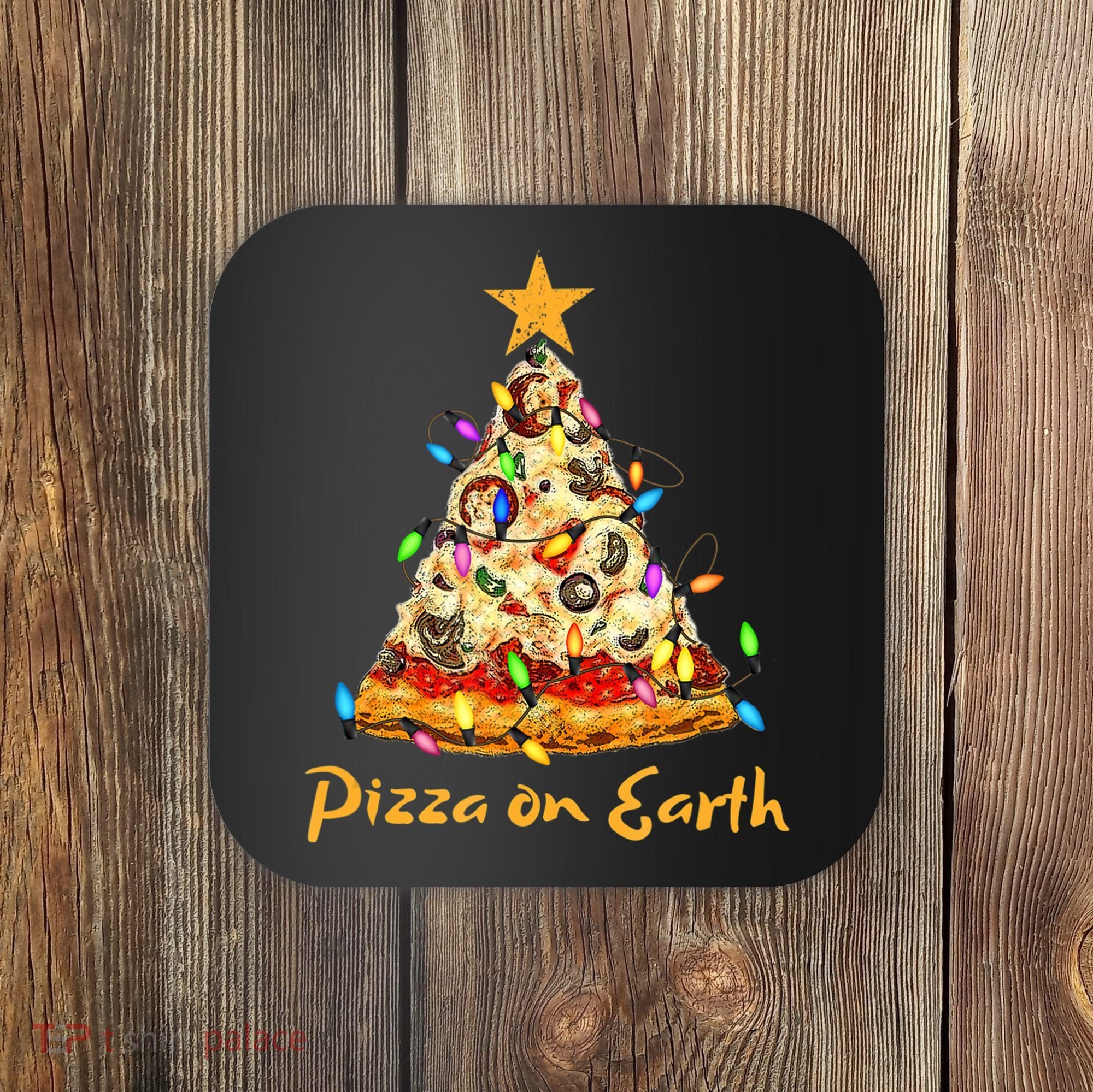 Funny Pizza On Earth Slice Christmas Tree With Lights Gift Coaster