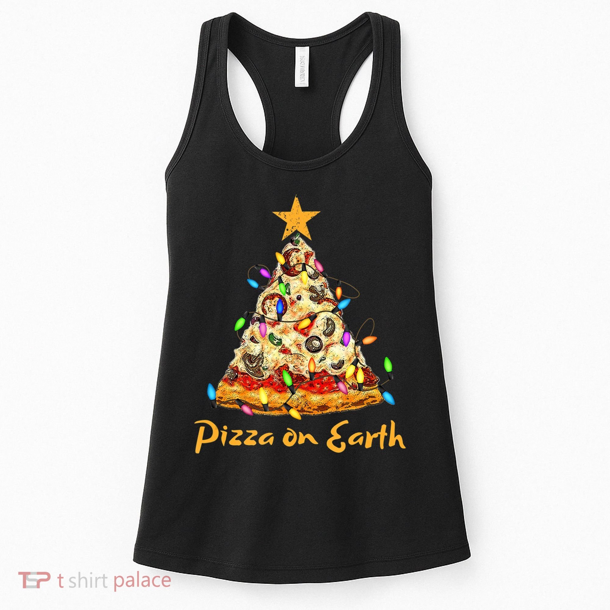 Funny Pizza On Earth Slice Christmas Tree With Lights Gift Women's Tank Top