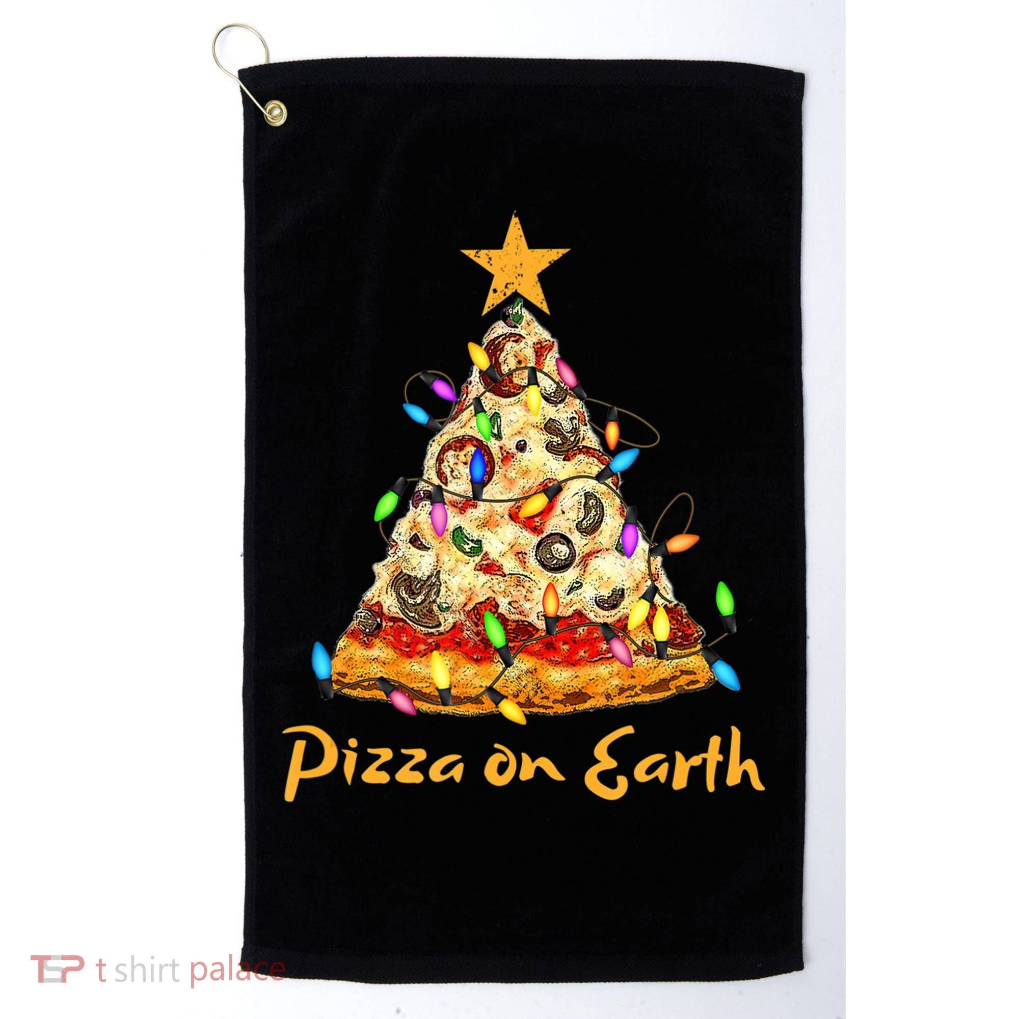 Funny Pizza On Earth Slice Christmas Tree With Lights Gift Golf Towel