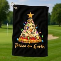 Funny Pizza On Earth Slice Christmas Tree With Lights Gift Golf Towel thumb 1