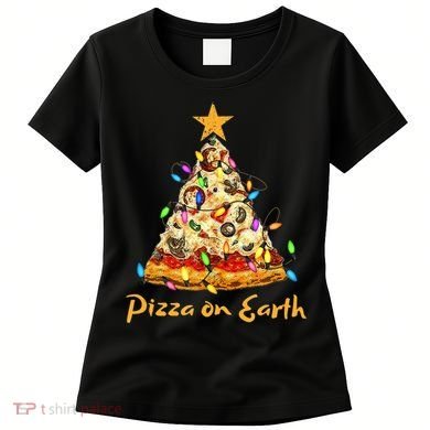 Funny Pizza On Earth Slice Christmas Tree With Lights Gift Women's T-Shirt