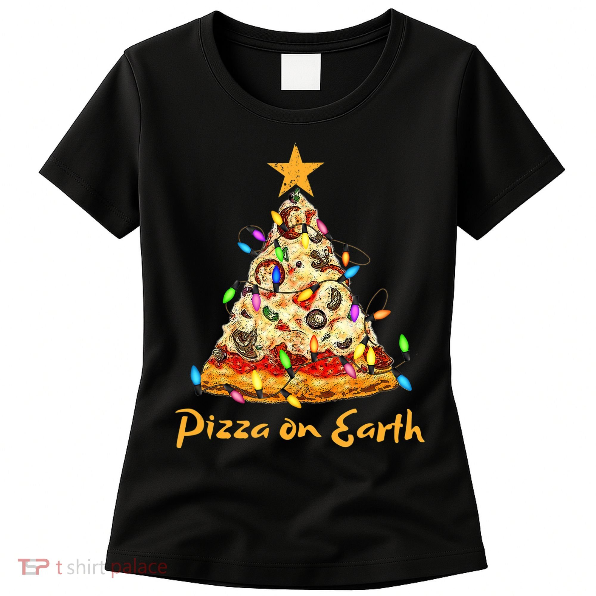 Funny Pizza On Earth Slice Christmas Tree With Lights Gift Women's T-Shirt