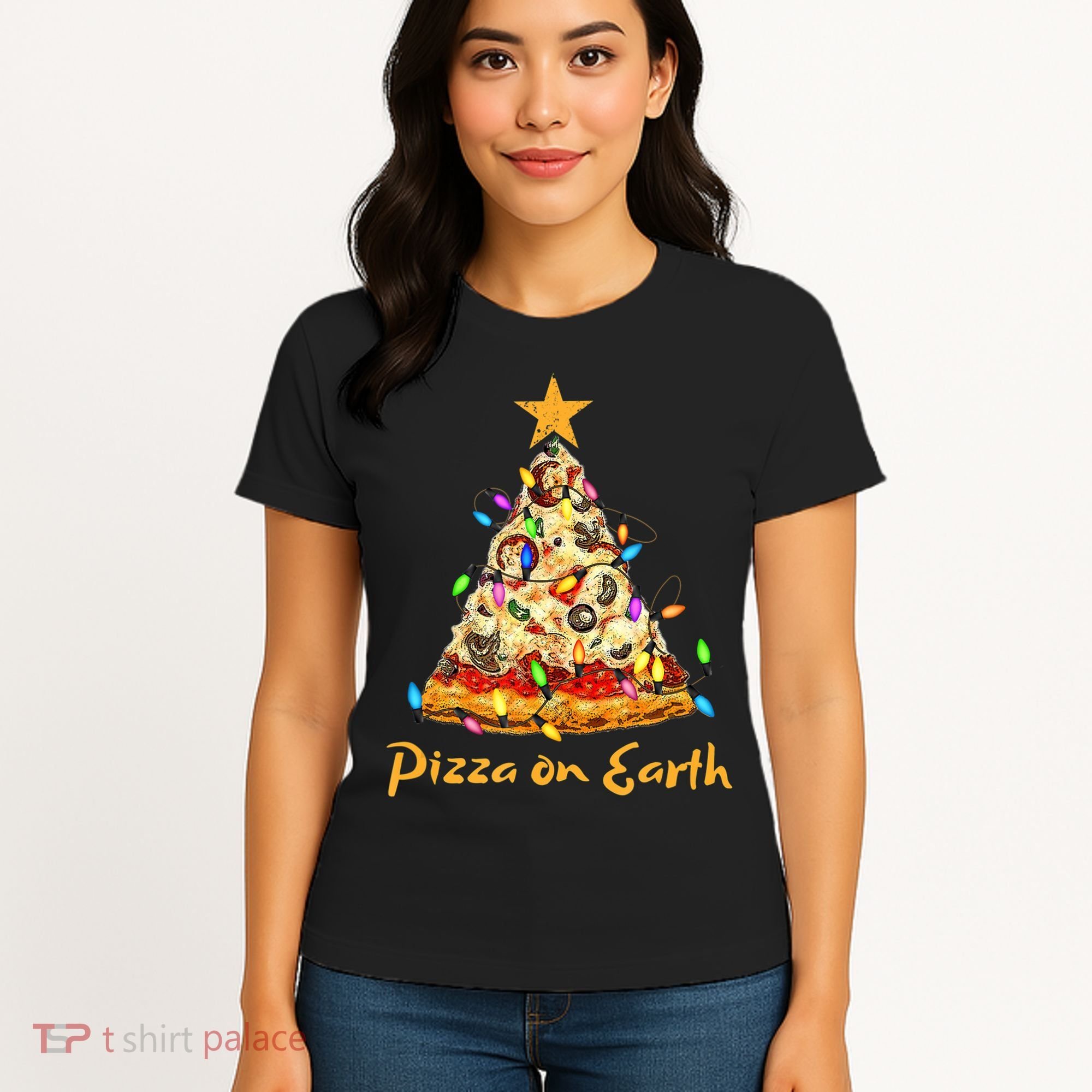 Funny Pizza On Earth Slice Christmas Tree With Lights Gift Women's T-Shirt