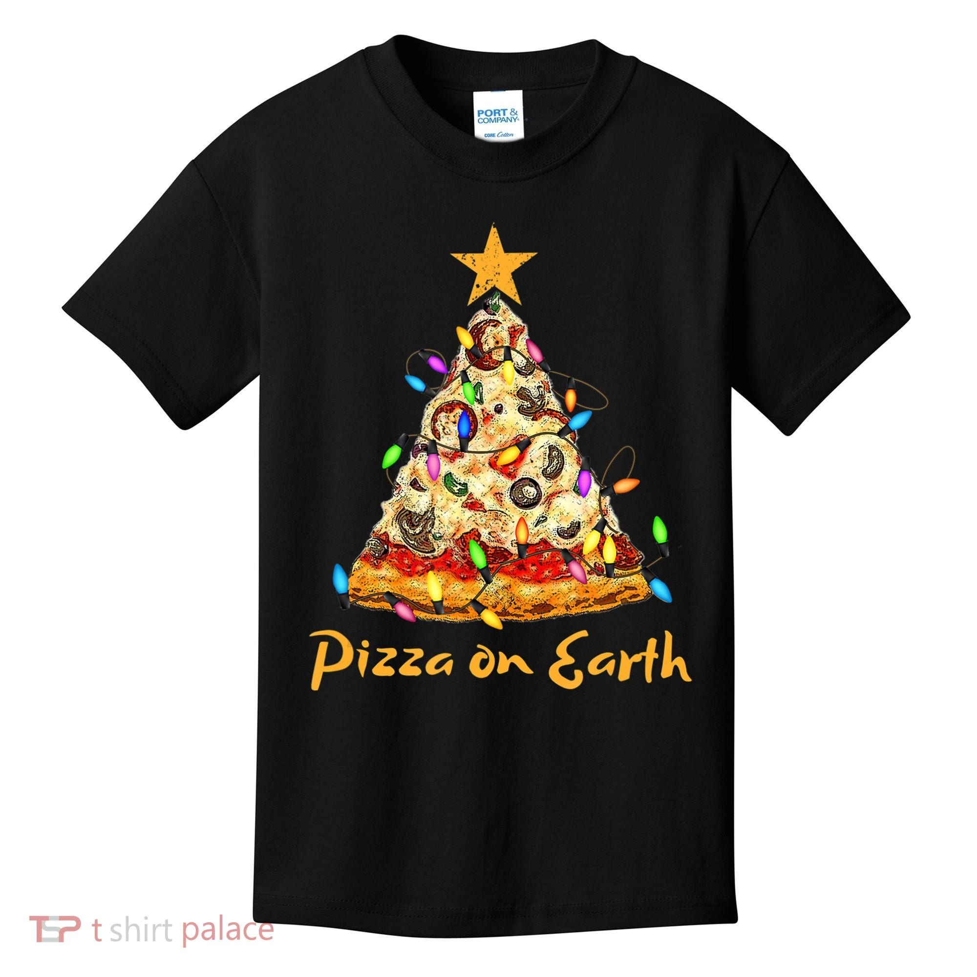 Funny Pizza On Earth Slice Christmas Tree With Lights Gift Kids T-Shirt