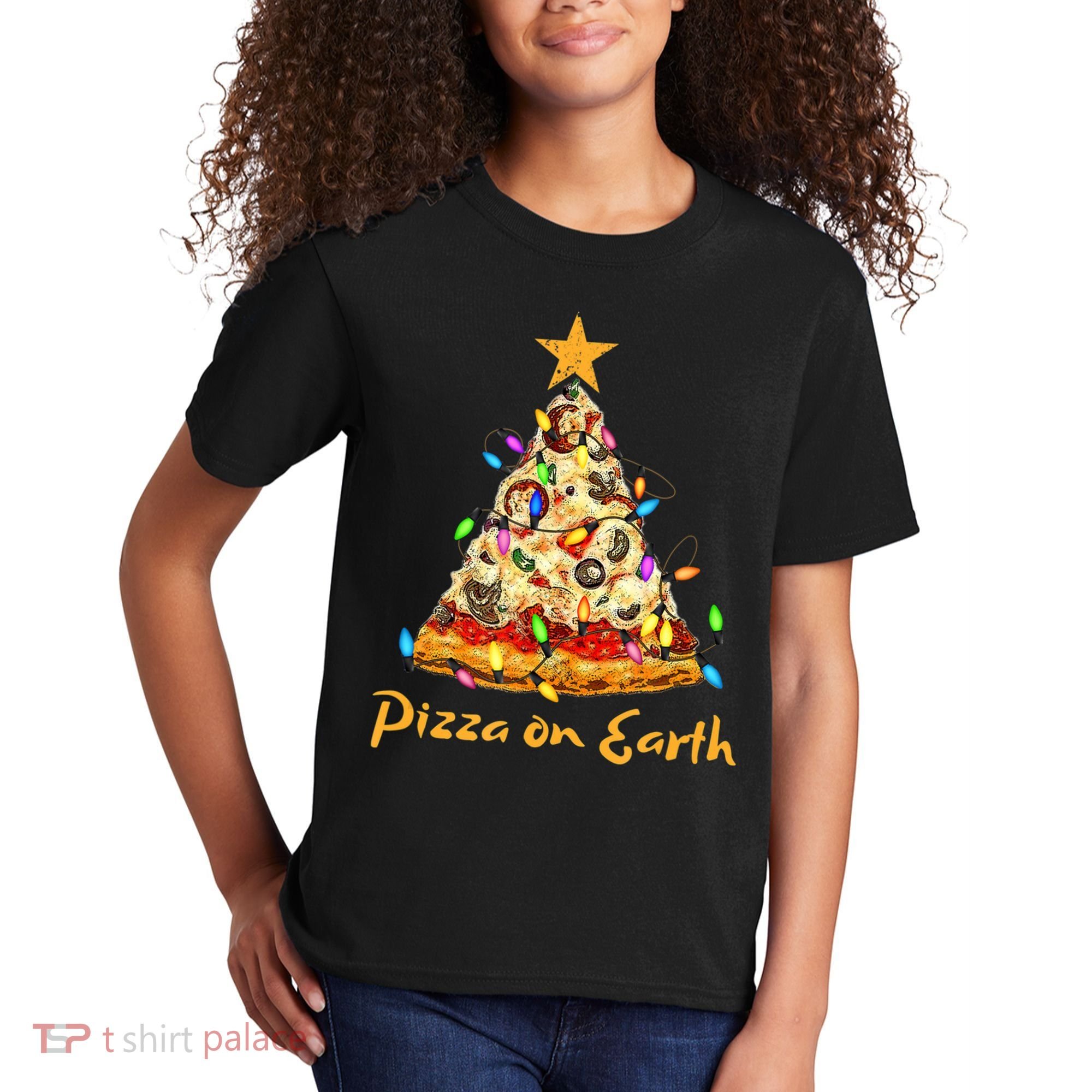 Funny Pizza On Earth Slice Christmas Tree With Lights Gift Kids T-Shirt