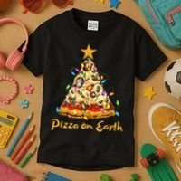 Funny Pizza On Earth Slice Christmas Tree With Lights Gift Kids T-Shirt thumb 3