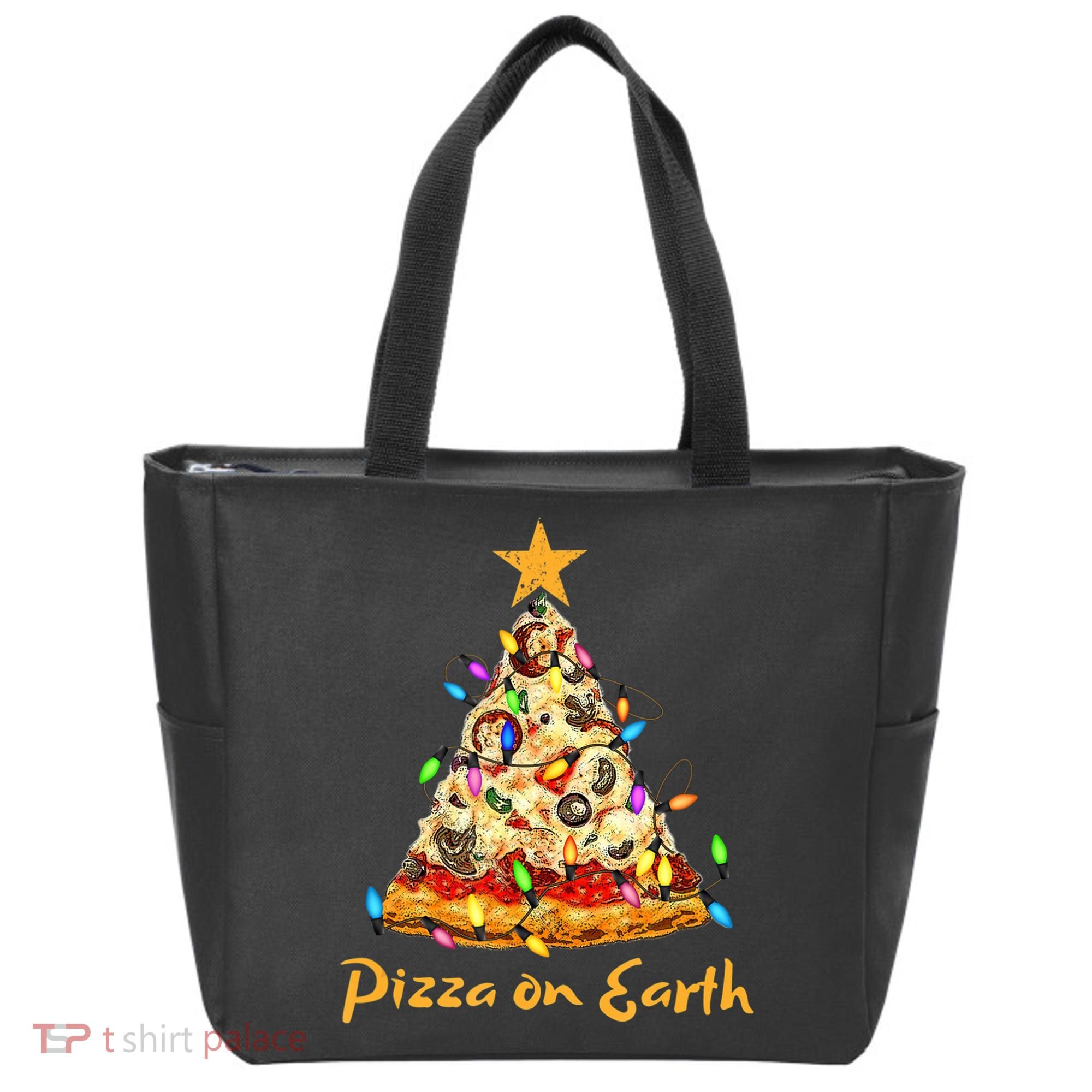 Funny Pizza On Earth Slice Christmas Tree With Lights Gift Tote Bag