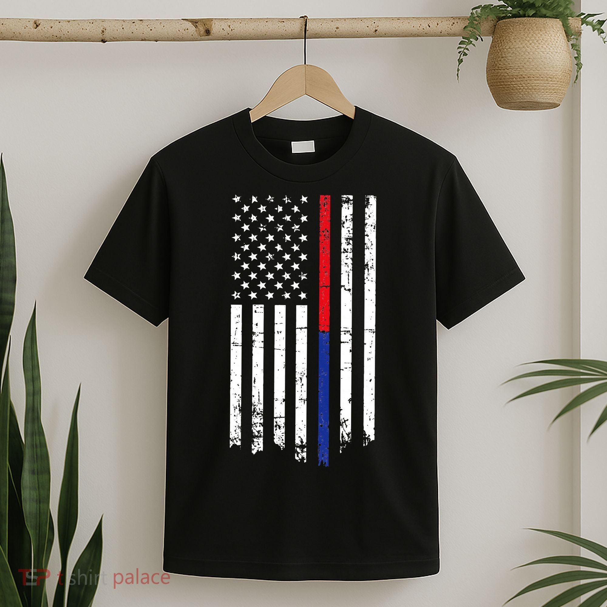 Firefighter Police Officer Red & Blue Line Flag T-Shirt