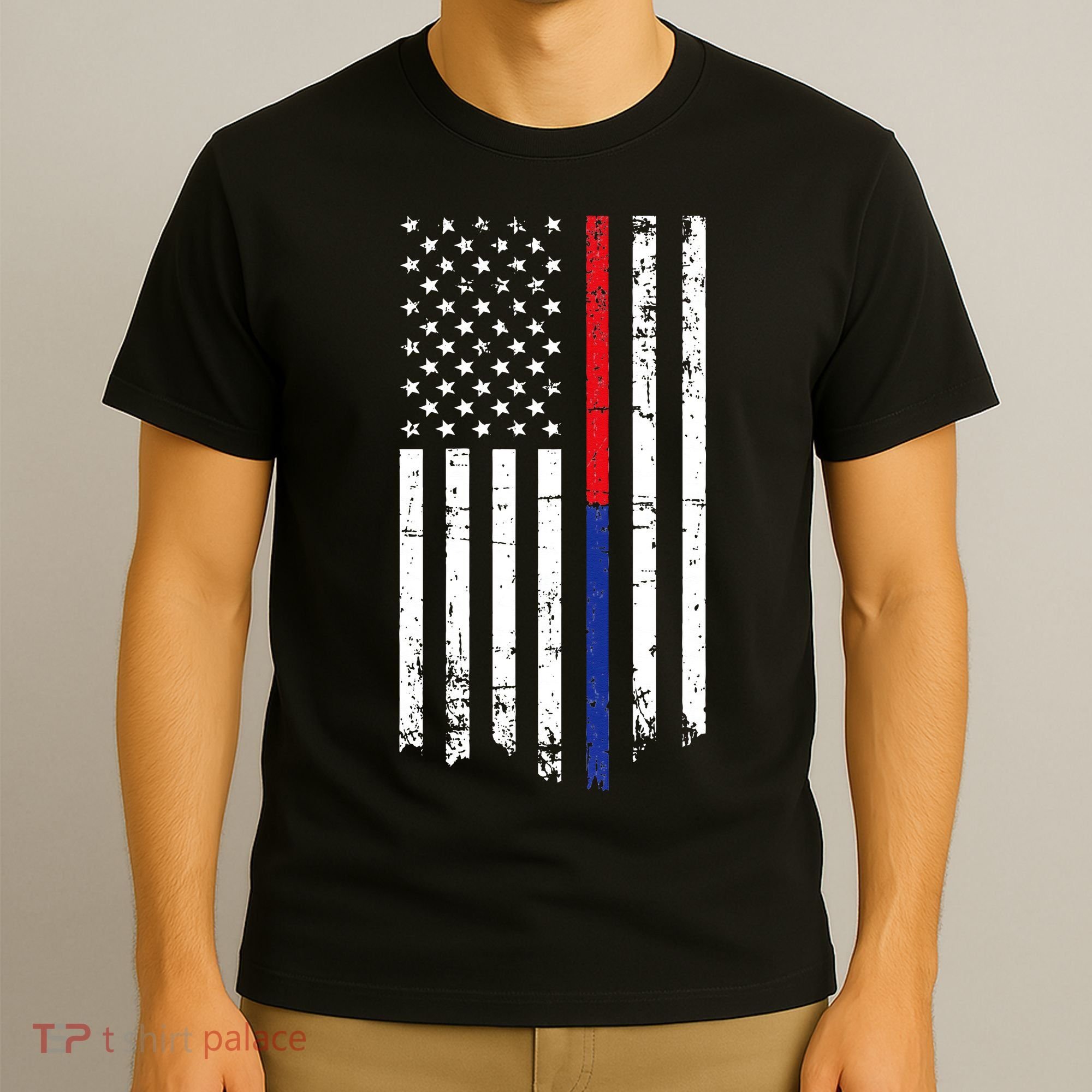 Firefighter Police Officer Red & Blue Line Flag T-Shirt