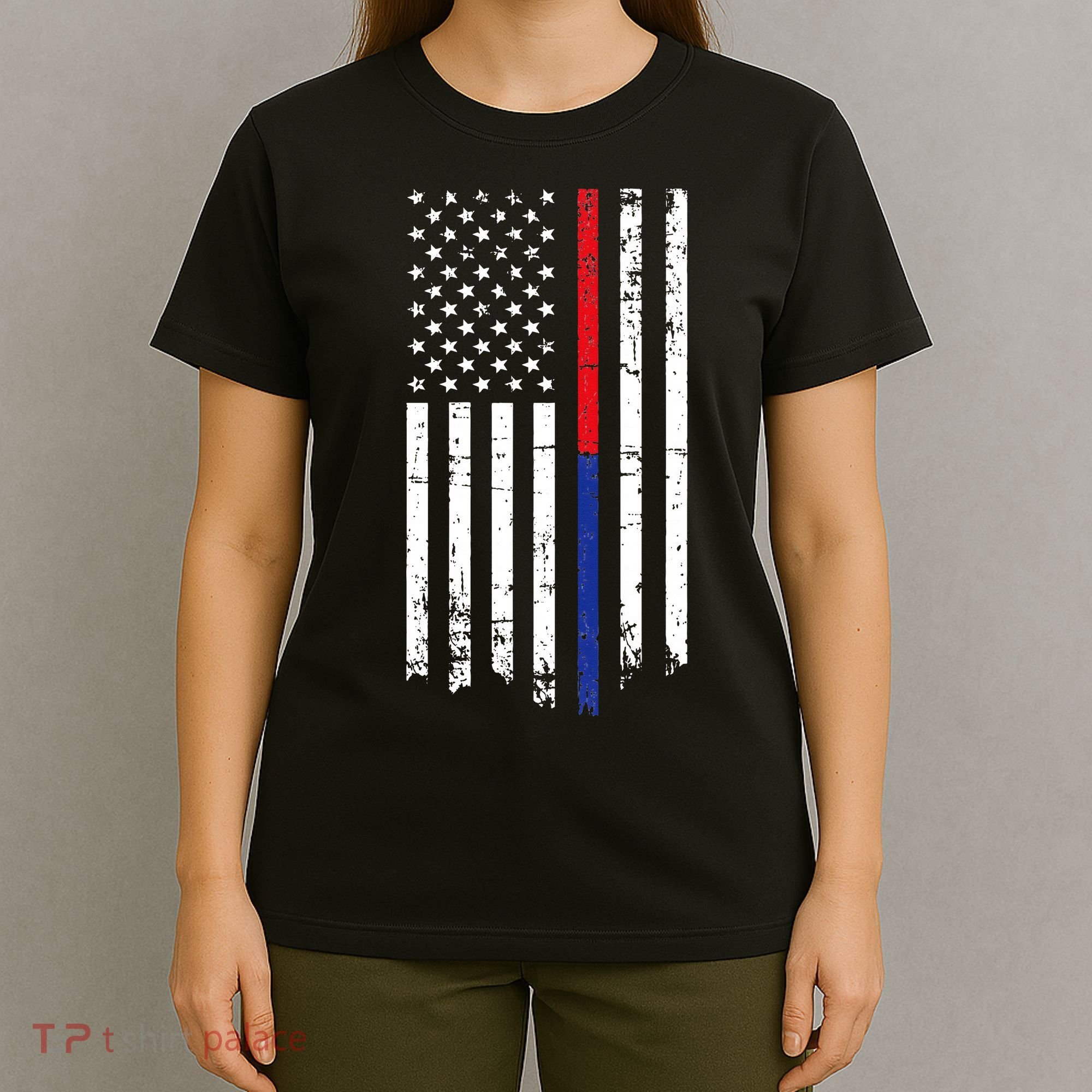 Firefighter Police Officer Red & Blue Line Flag T-Shirt