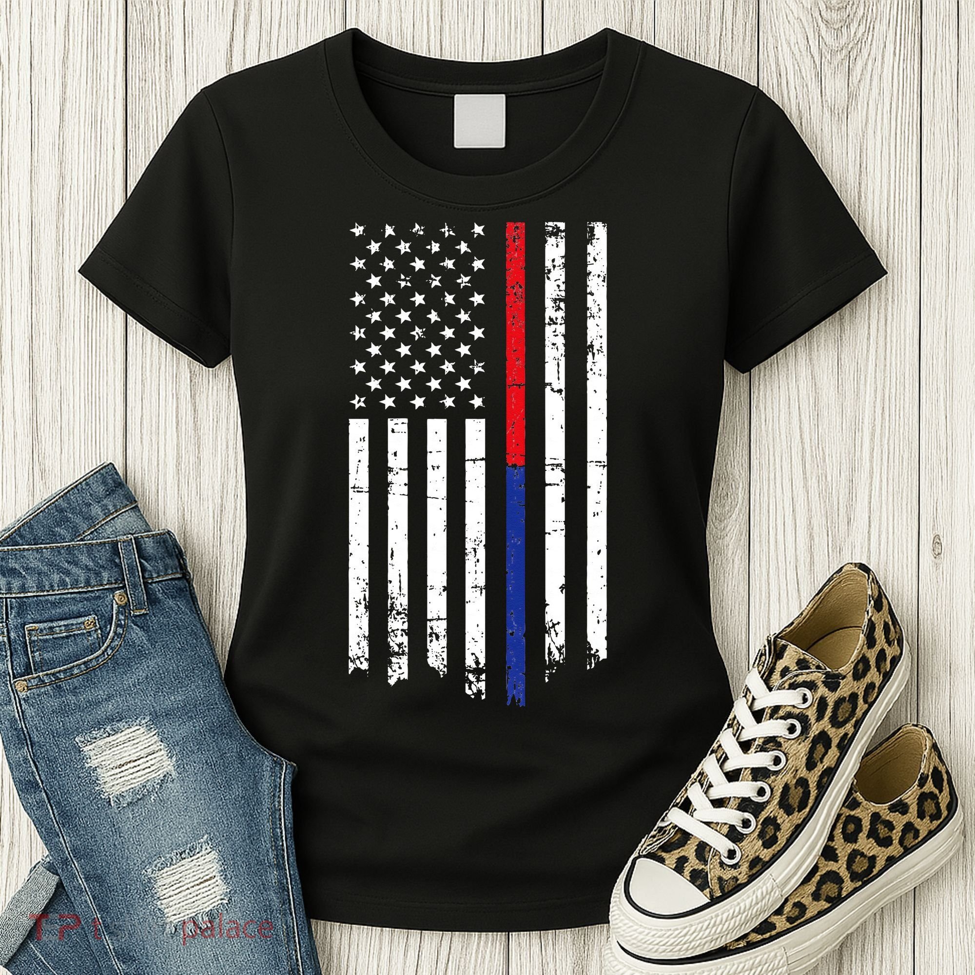 Firefighter Police Officer Red & Blue Line Flag Women's T-Shirt