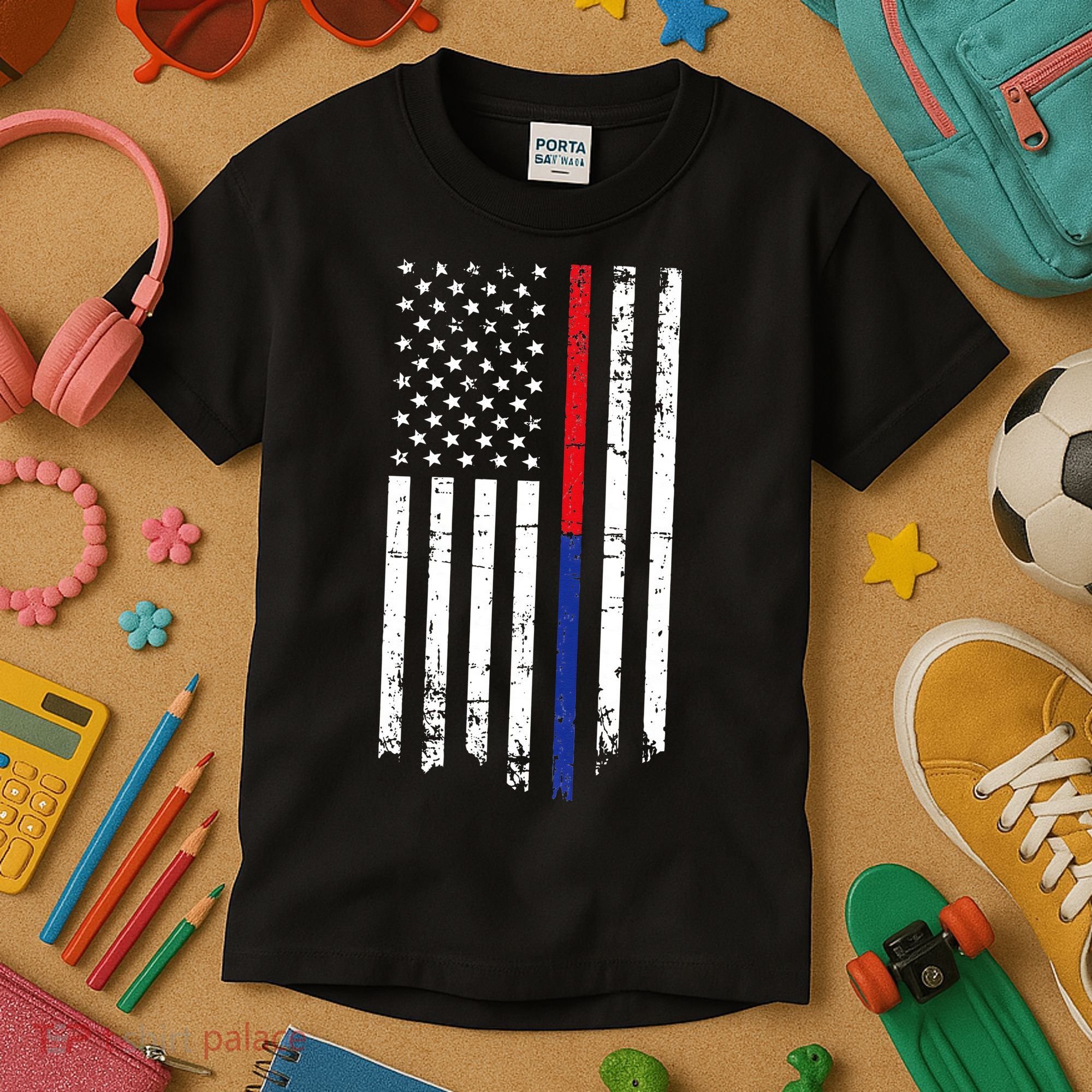 Firefighter Police Officer Red & Blue Line Flag Kids T-Shirt
