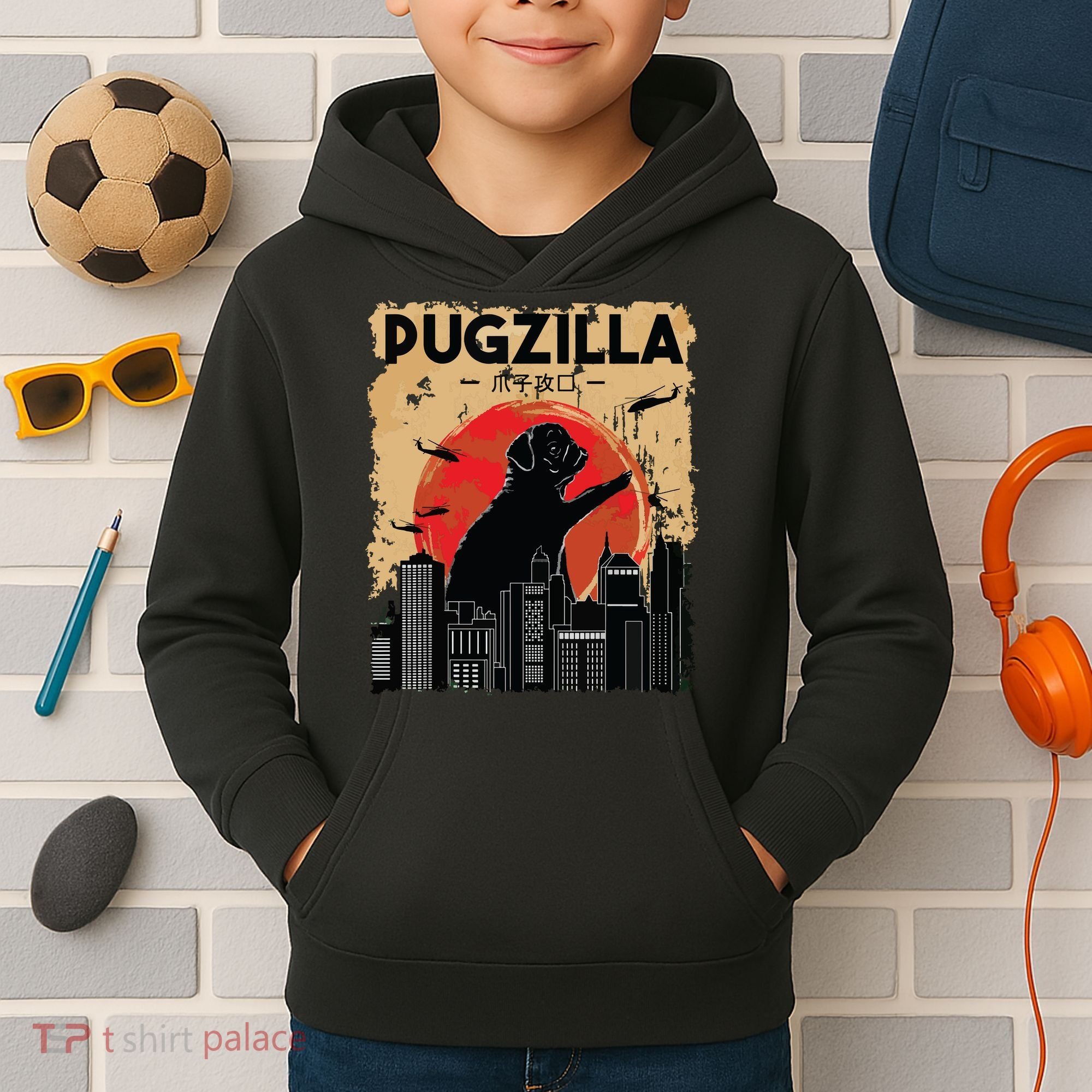 Funny Pug Pugzilla Funny Dog Pug Kids Hoodie