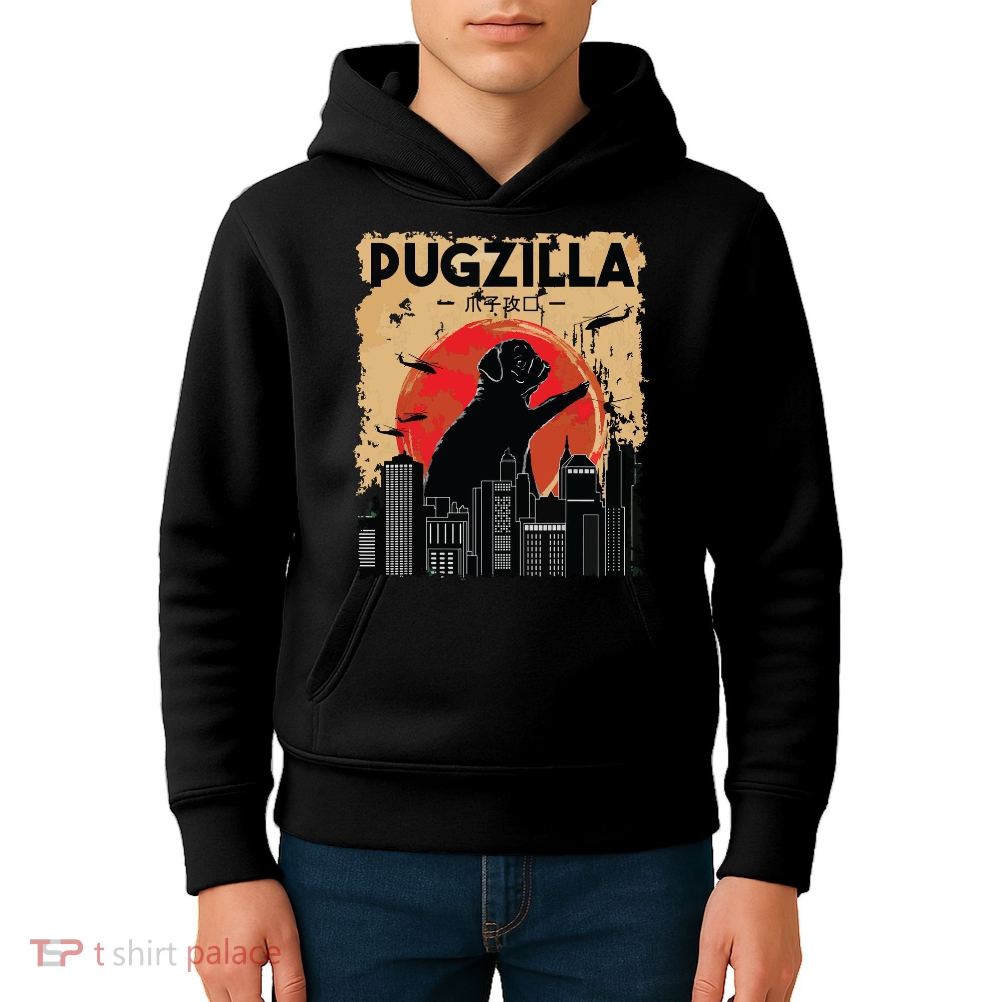 Funny Pug Pugzilla Funny Dog Pug Kids Hoodie
