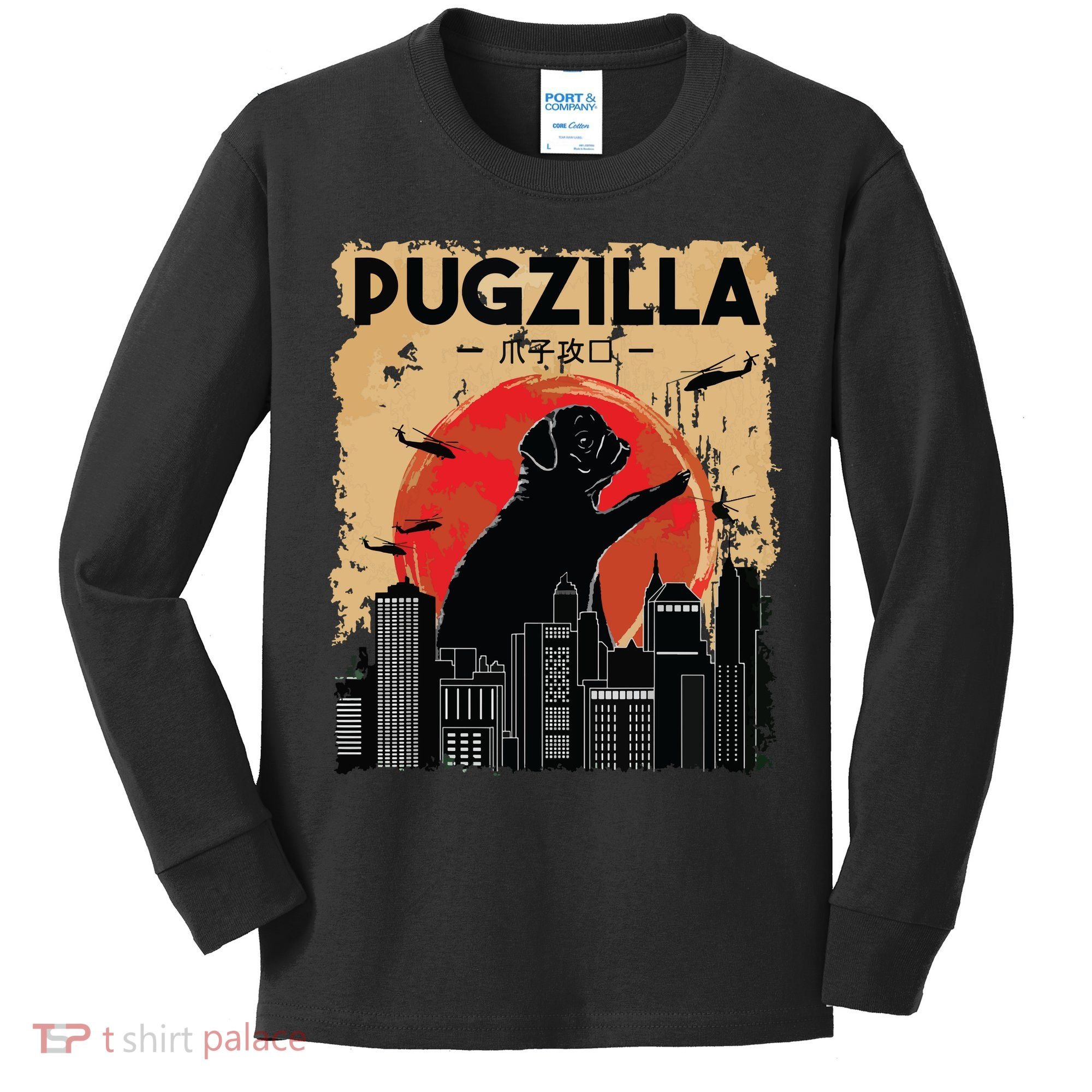 Funny Pug Pugzilla Funny Dog Pug Kids Long Sleeve Shirt