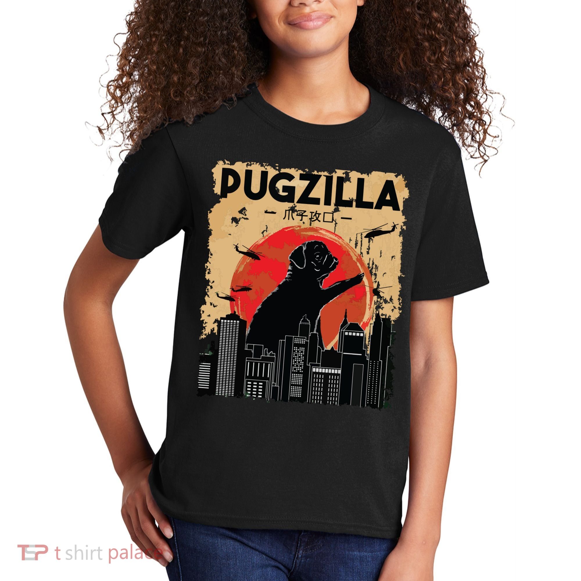 Funny Pug Pugzilla Funny Dog Pug Kids T-Shirt