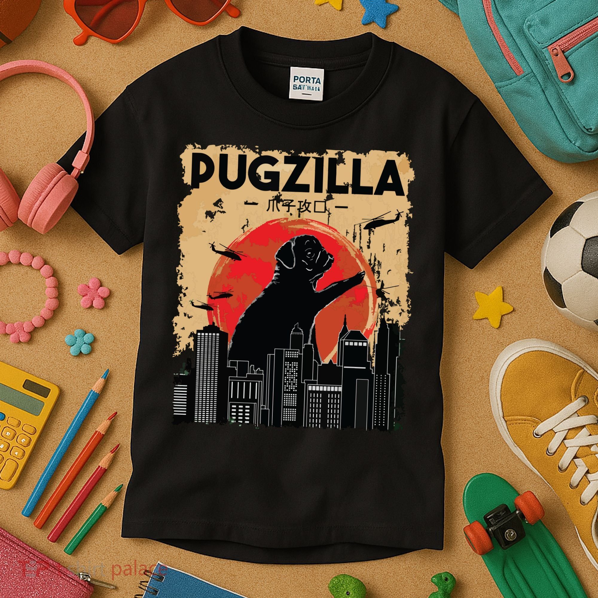 Funny Pug Pugzilla Funny Dog Pug Kids T-Shirt