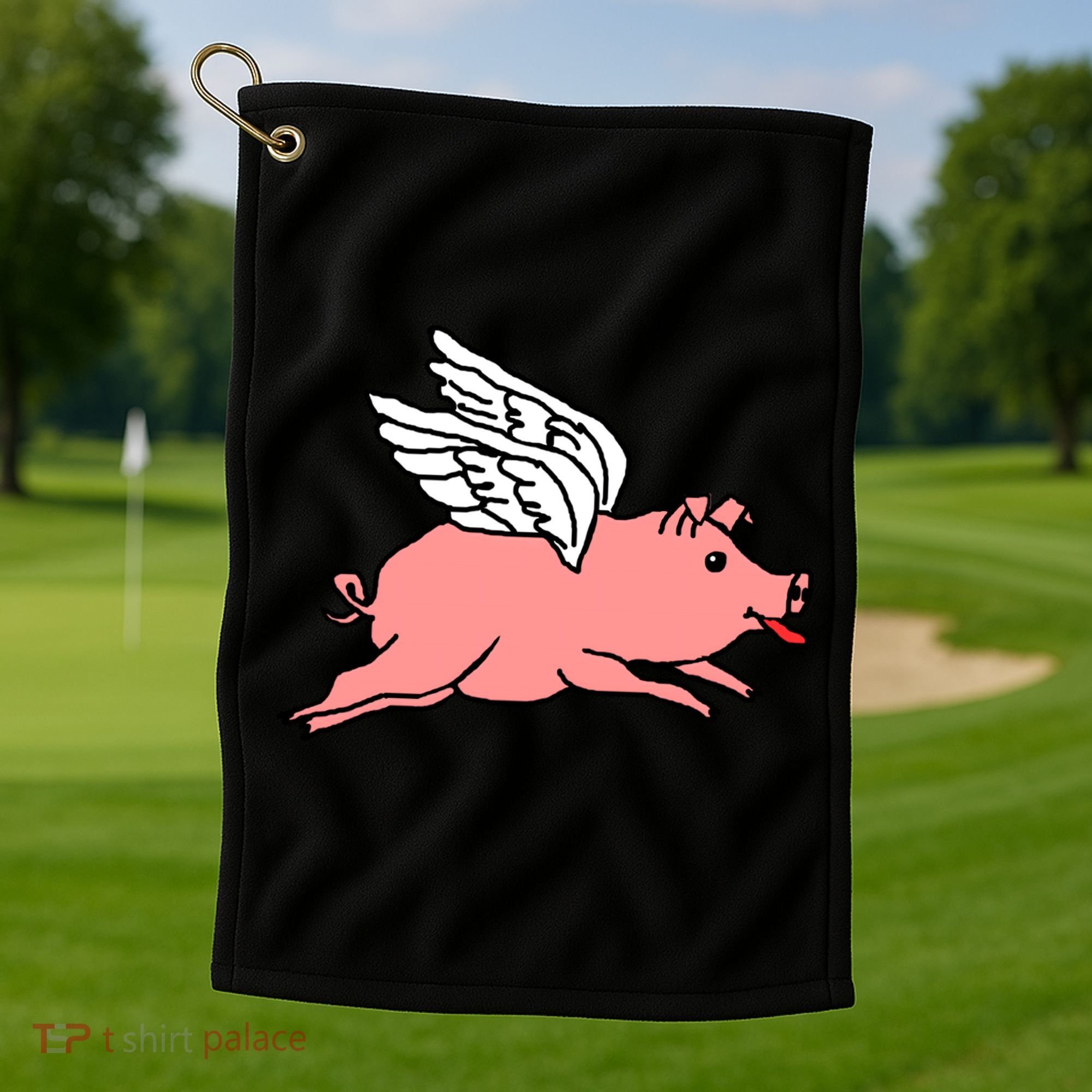 Flying Pig Poking Tongue Out Funny Gift Golf Towel