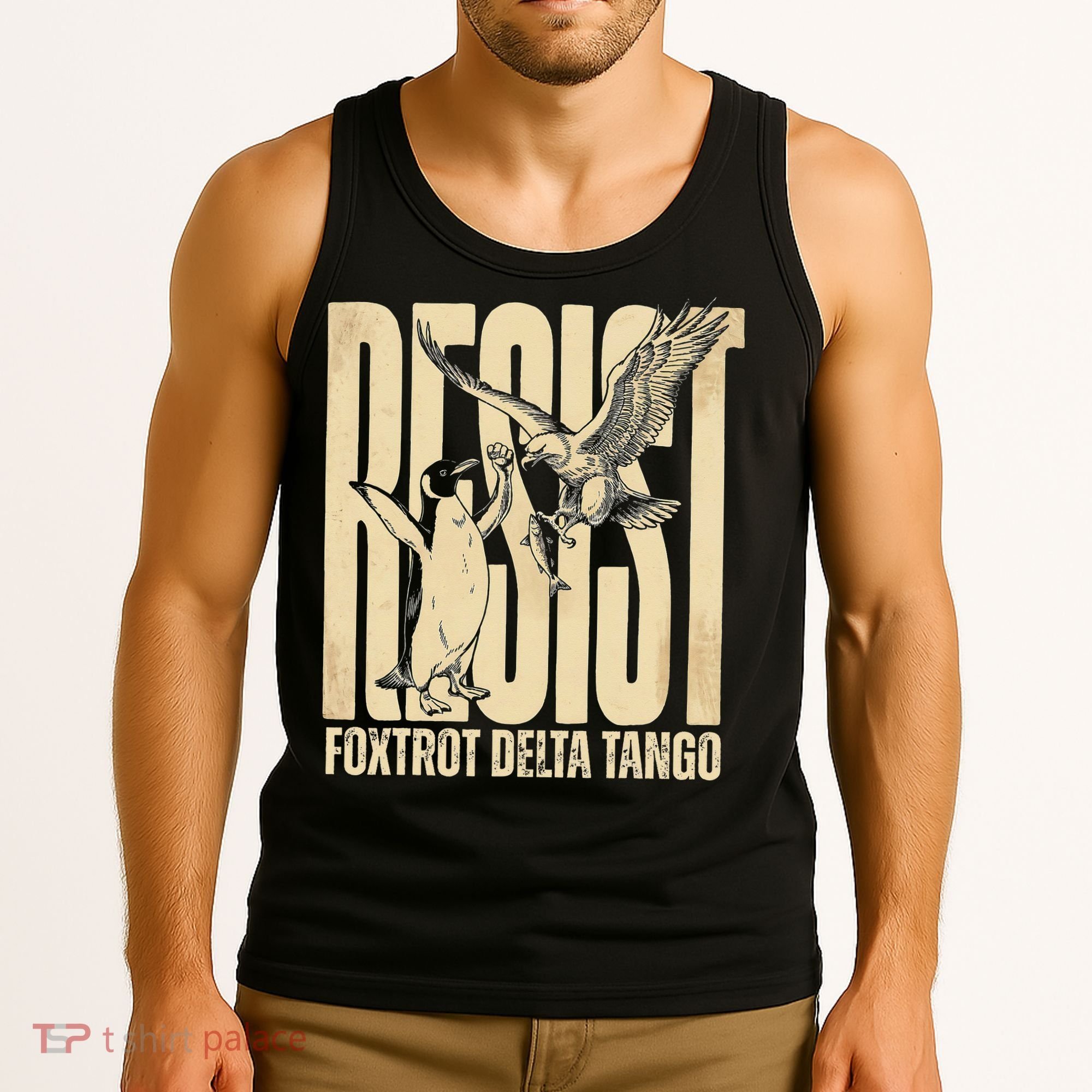 Funny Penguin Protest Resist Penguin Holding Fish Gr Tank Top