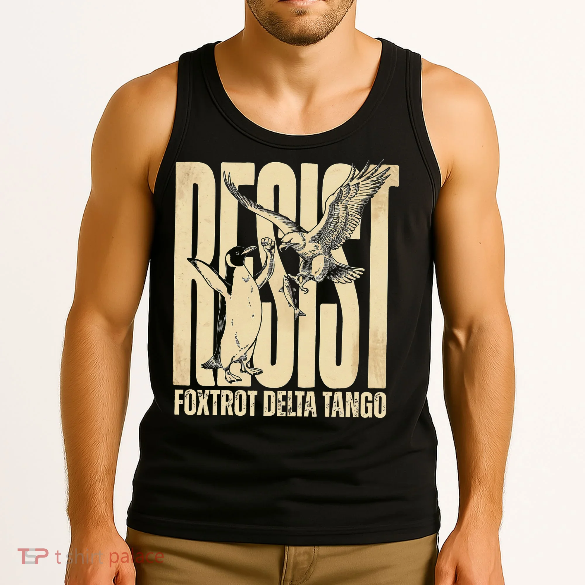 Funny Penguin Protest Resist Penguin Holding Fish Gr Tank Top
