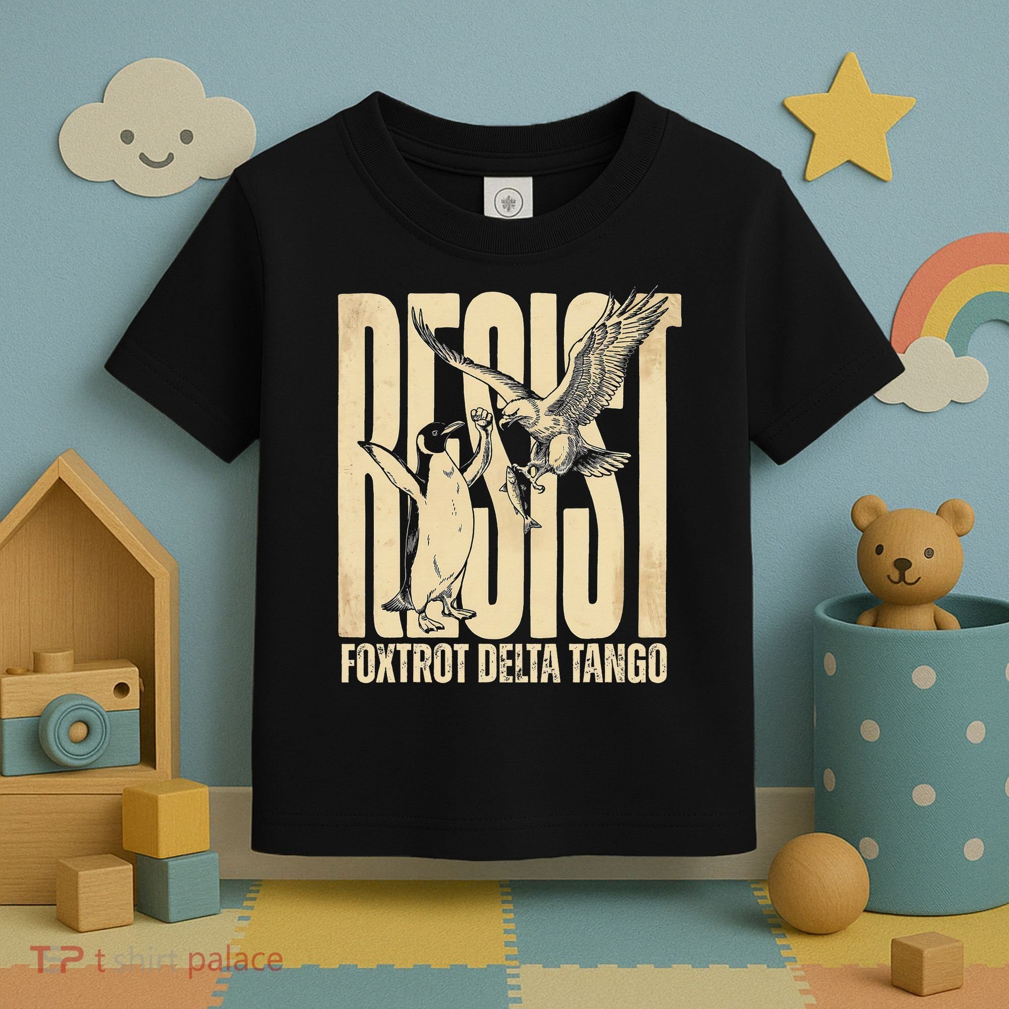 Funny Penguin Protest Resist Penguin Holding Fish Gr Toddler T-Shirt