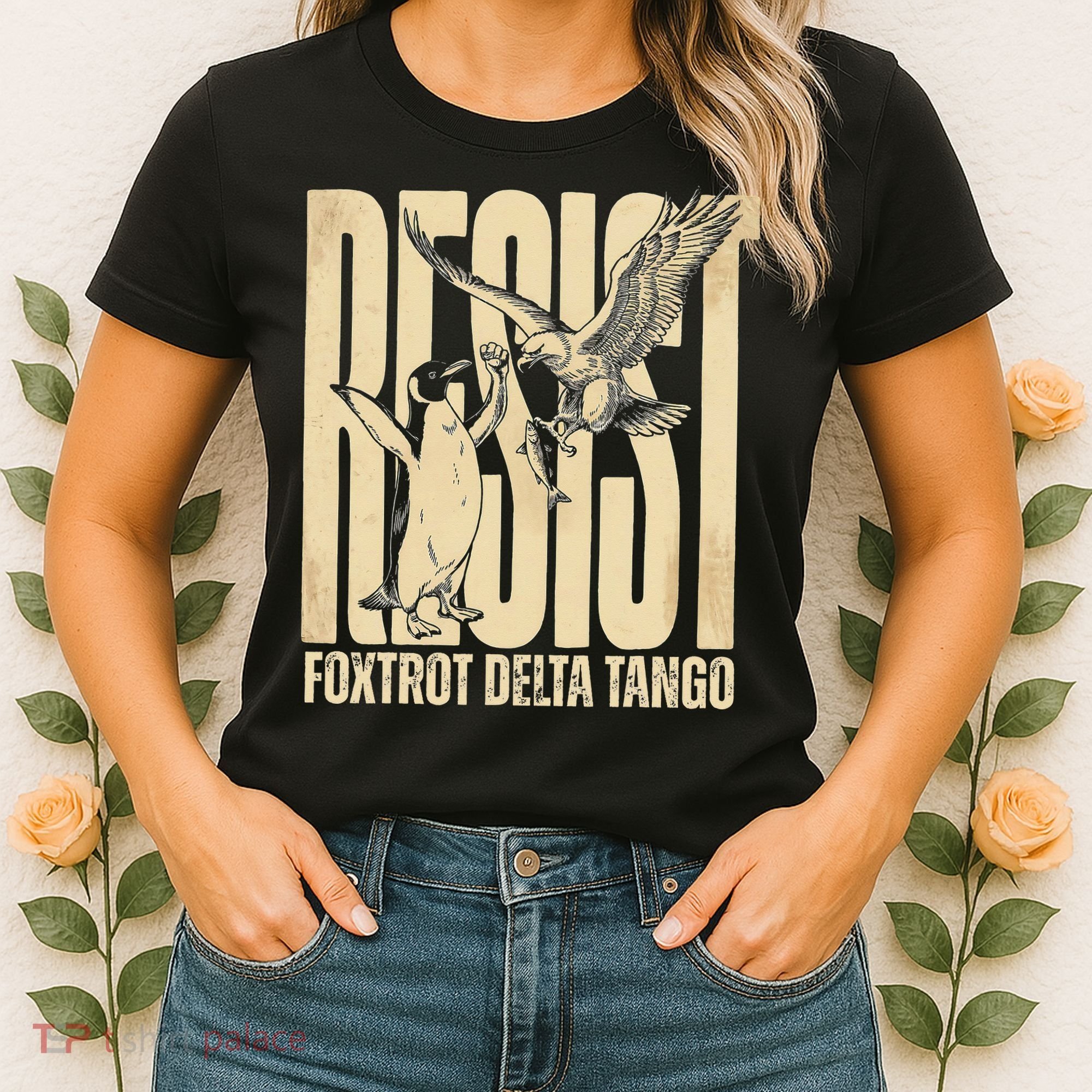 Funny Penguin Protest Resist Penguin Holding Fish Gr Women's T-Shirt