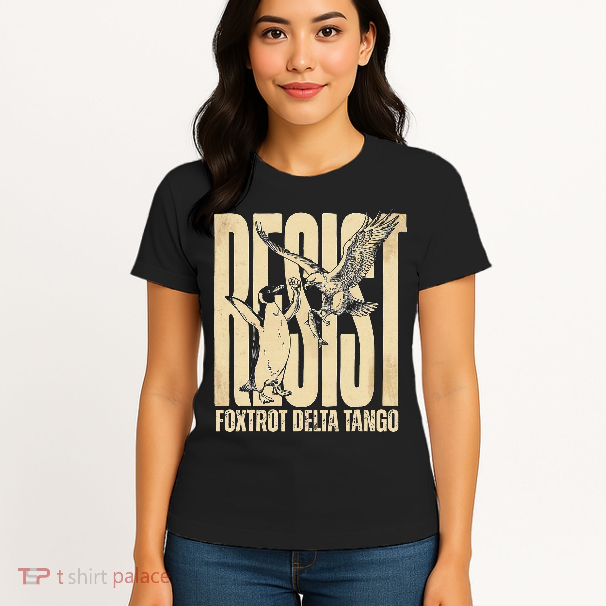 Funny Penguin Protest Resist Penguin Holding Fish Gr Women's T-Shirt