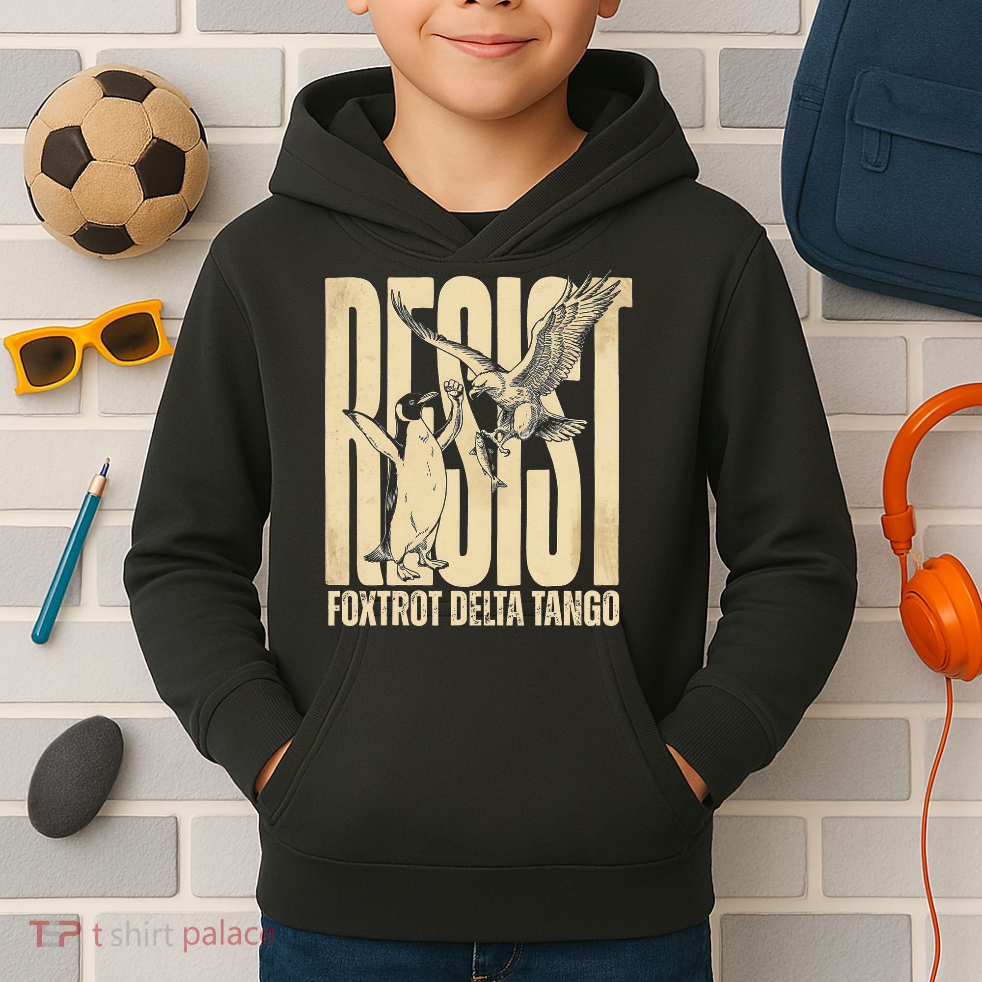 Funny Penguin Protest Resist Penguin Holding Fish Gr Kids Hoodie